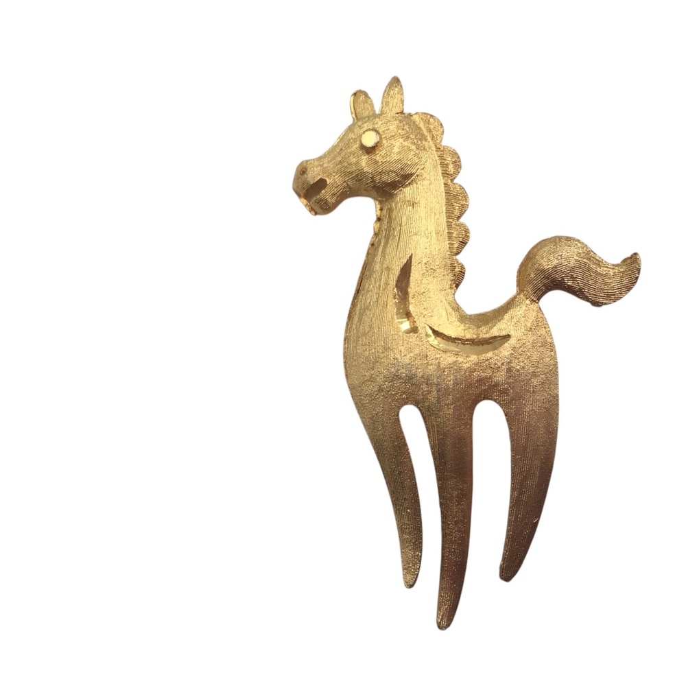 Vintage Mamselle Horse Brooch, Hand Engraved Gold Tone Pin